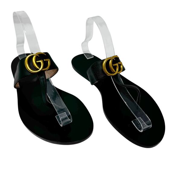 GUCCI Black Marmont Gold Bronze Metal GG Logo Sandals Flip Flops Size EU 39 US 9 - Picture 1 of 9